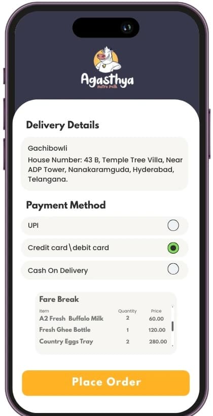 Checkout screen with delivery details and payment